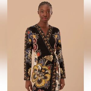 Farm Rio Black Maxi Floral Lenzing Ecovero Vicose Wrap Mini Dress